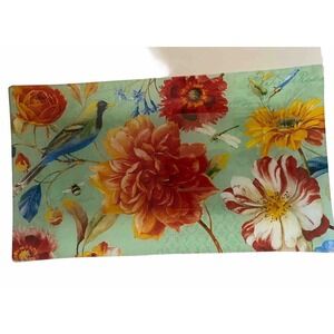 Floral Home Decor Glass Tray Notions Jade Candle Tray  13.5" X 7.5"  Bird Bees